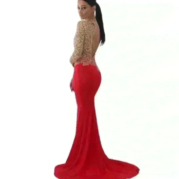 Formal Sheer Red Gold Mermaid Dress Glitter Open Back Small Women’s - Picture 3 of 13